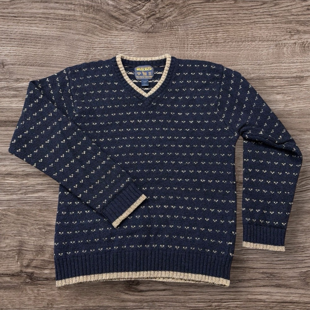 Vintage Woolrich Wool Sweater Mens Medium Navy/Cream Birdseye Heart USA V-Neck